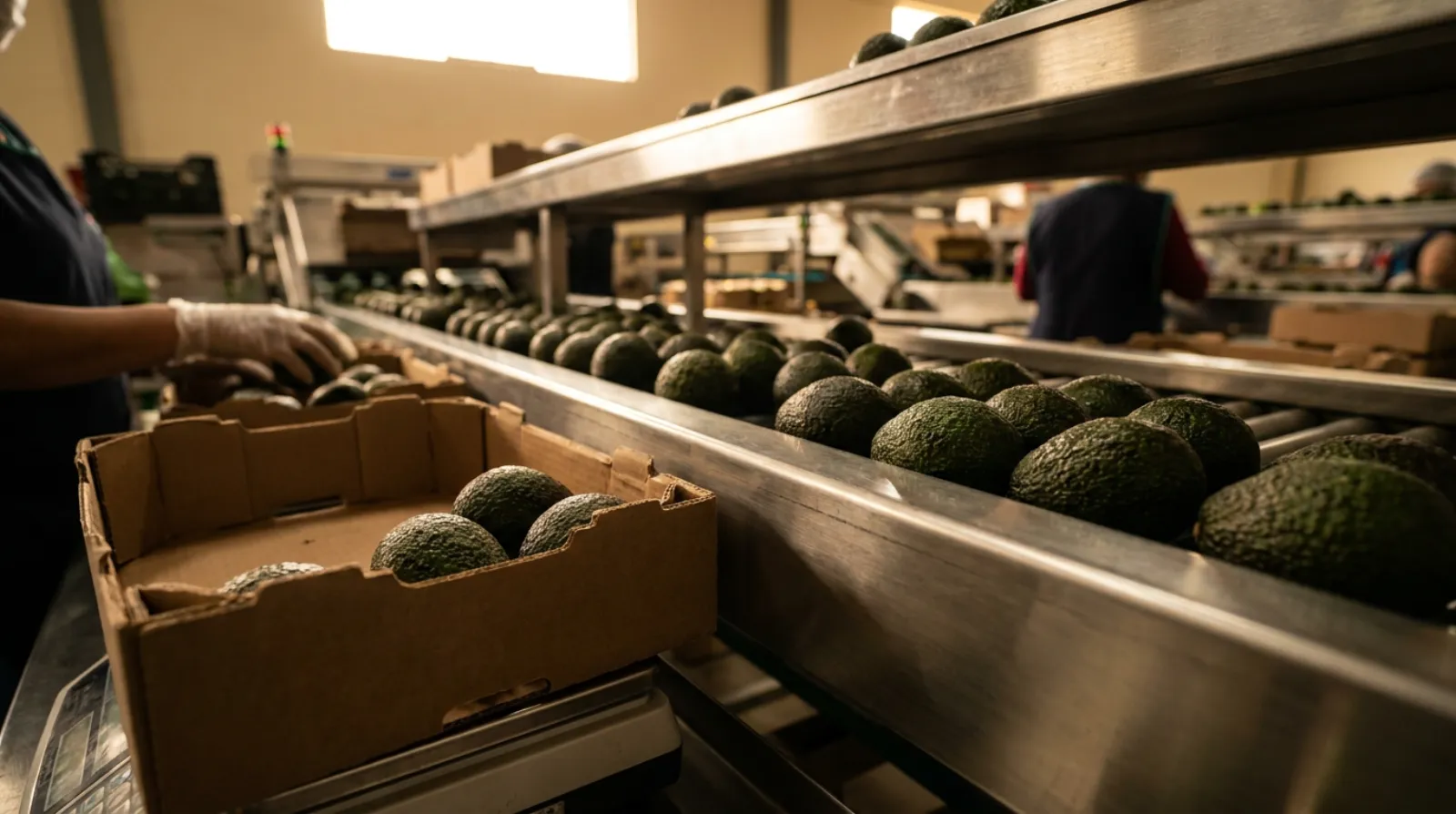 Ripe Hass avocados sorted by size on a stainless-steel packhouse grading line and packed into a 4 kilogram export carton
