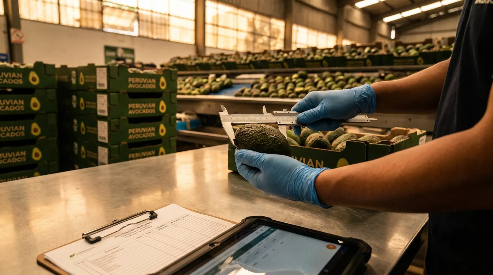 Quality-control inspection at a Peruvian avocado packhouse, gloved hands checking a Hass avocado over an inspection table with a clipboard and tablet