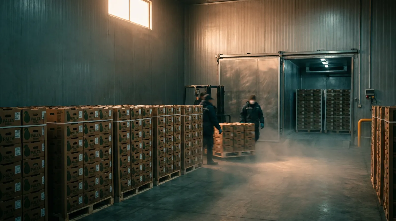 Refrigerated cold-storage room at a fresh-produce packhouse with pallets of avocado export cartons and a reefer container door