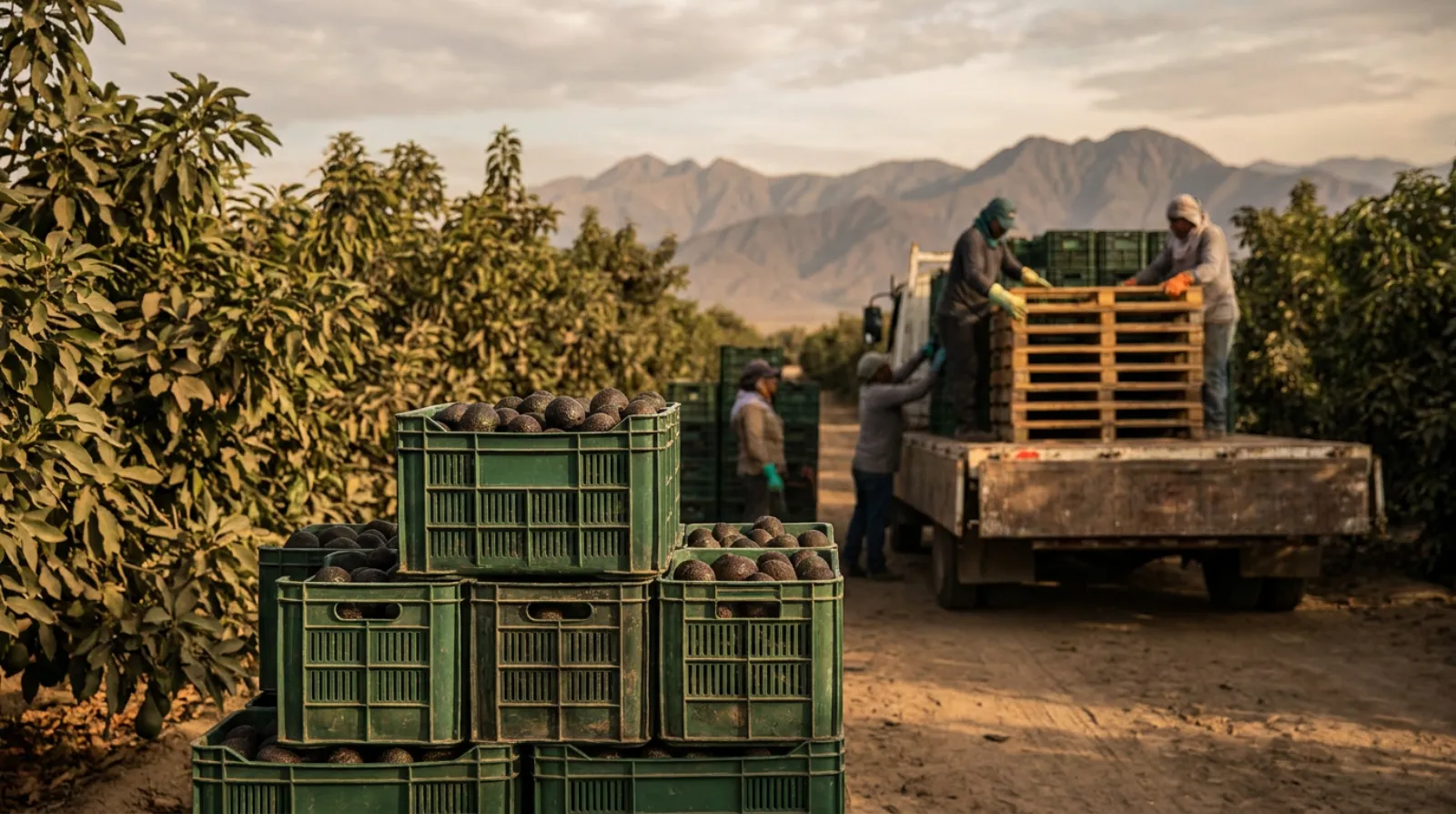 Stacked field crates of freshly picked Hass avocados at a Peruvian orchard with a truck loading and the Andes behind