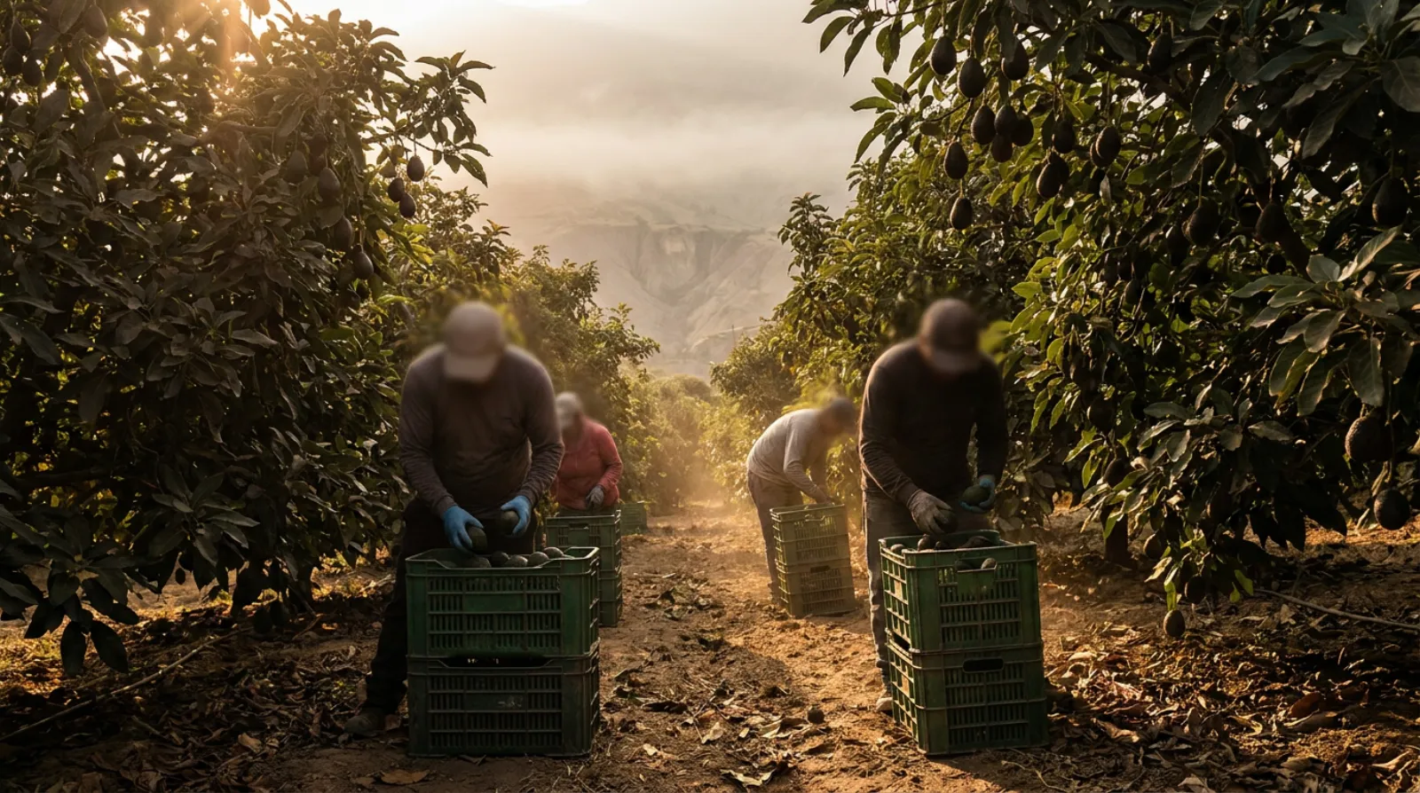 Peruvian Hass avocado orchard at harvest on terraced Andean foothills with pickers filling field crates